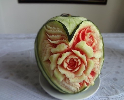 Heart and Floral Watermelon Fruit Carving